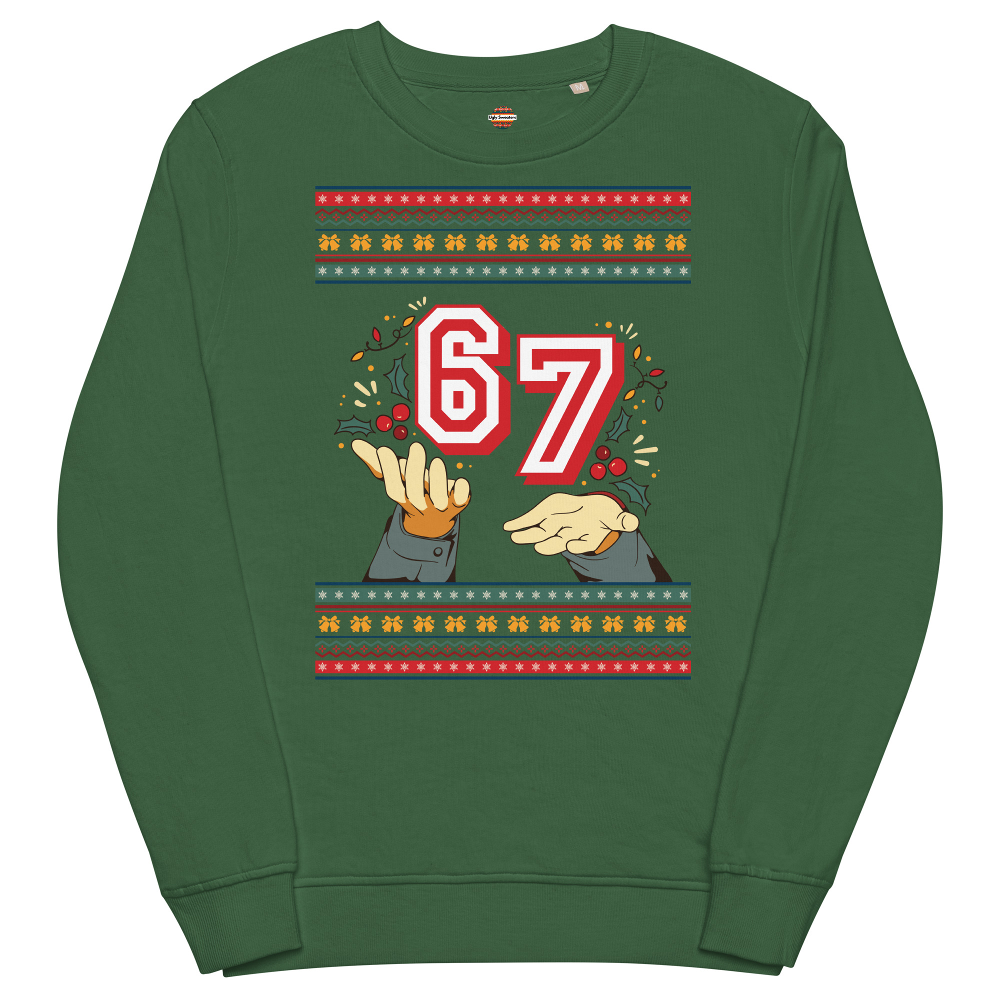 Get your jingle on in this bottle green gem: wild red-and-white 6 and 7, with cartoon hands yeeting ornaments like confetti!.