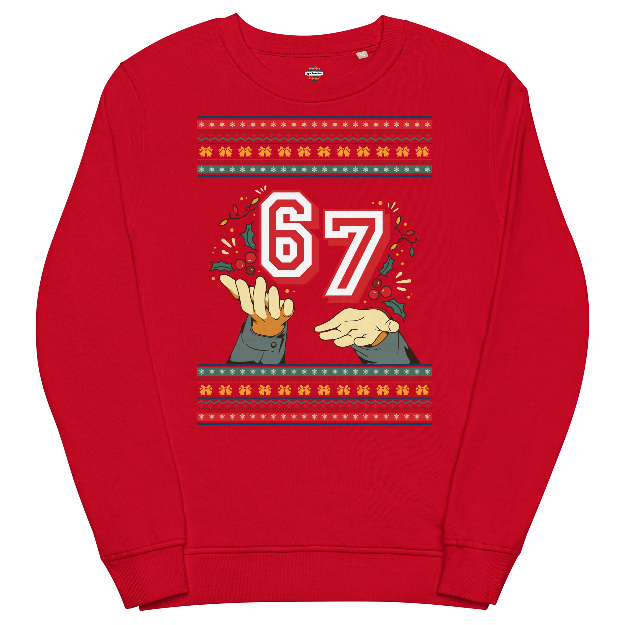 Get ready to sleigh: A blazing red unisex sweatshirt rocking a giant white “67,” wild holiday doodles, and two cartoon jazz hands!.