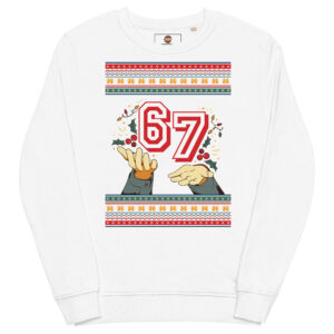 Party-hard unisex white sweatshirt flaunts wild red “6 7,” hands flinging numbers, confetti chaos, and holiday pizzazz galore.