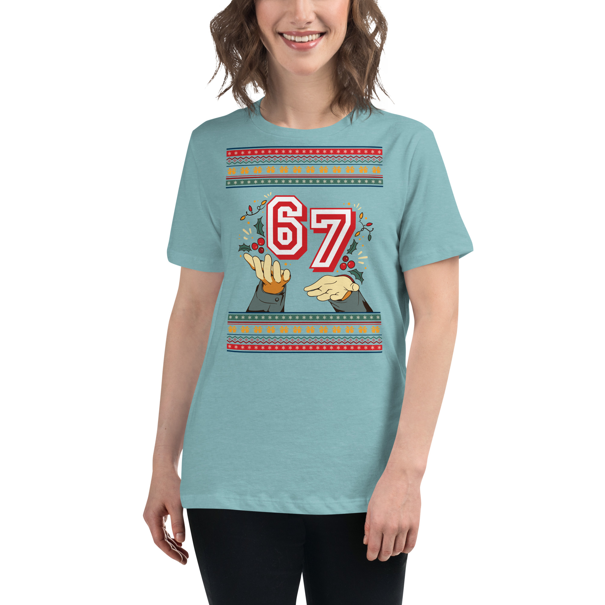 Get ready to party: a grinning human rocks a blue tee sporting a wild, jazzy “67” and jazzy hands jazz-handing below. Festive much?.
