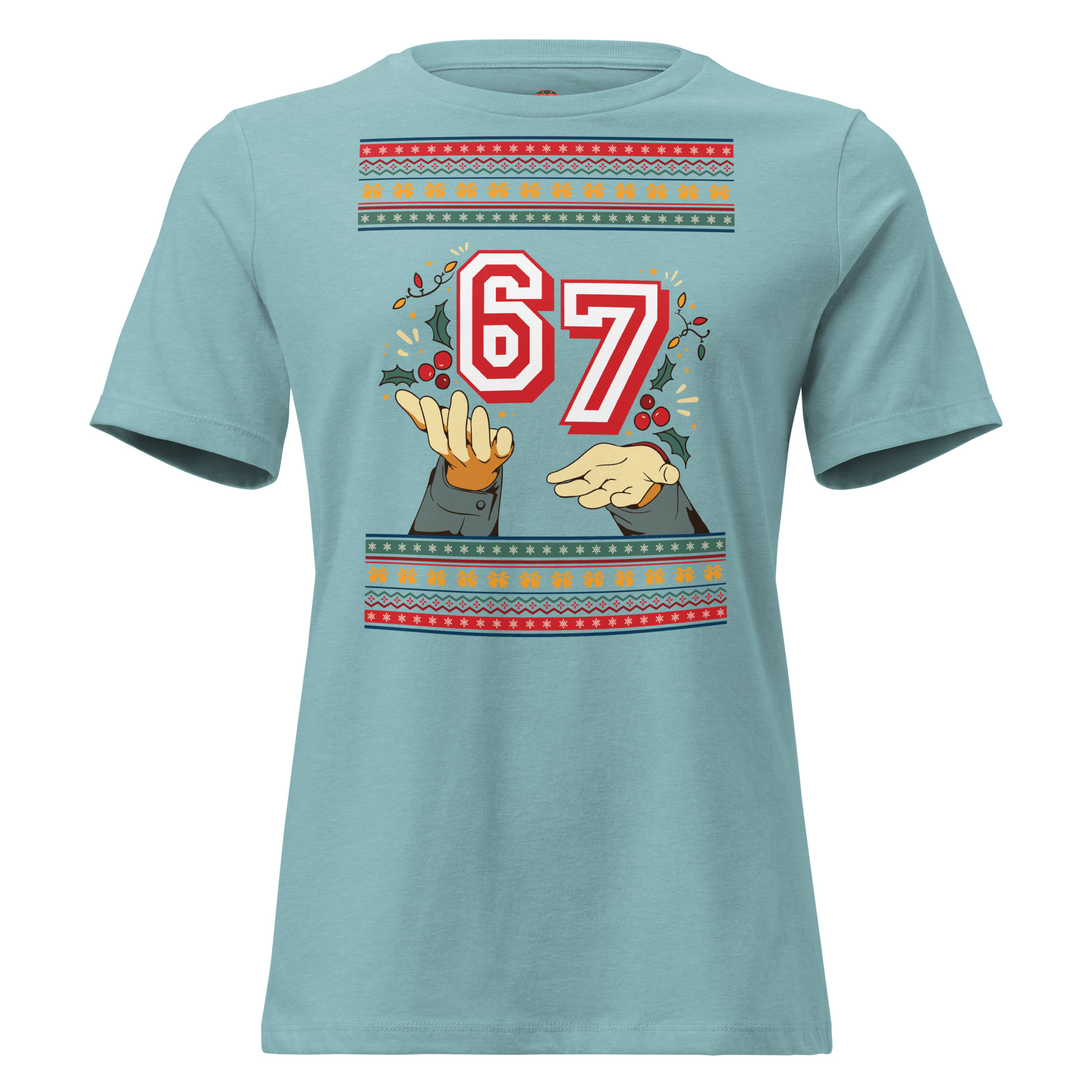 Loud and proud in Heather Blue Lagoon! Cartoon hands, holly, and a wild "67" crash into red-green-yellow borders—party on, holiday legend!.
