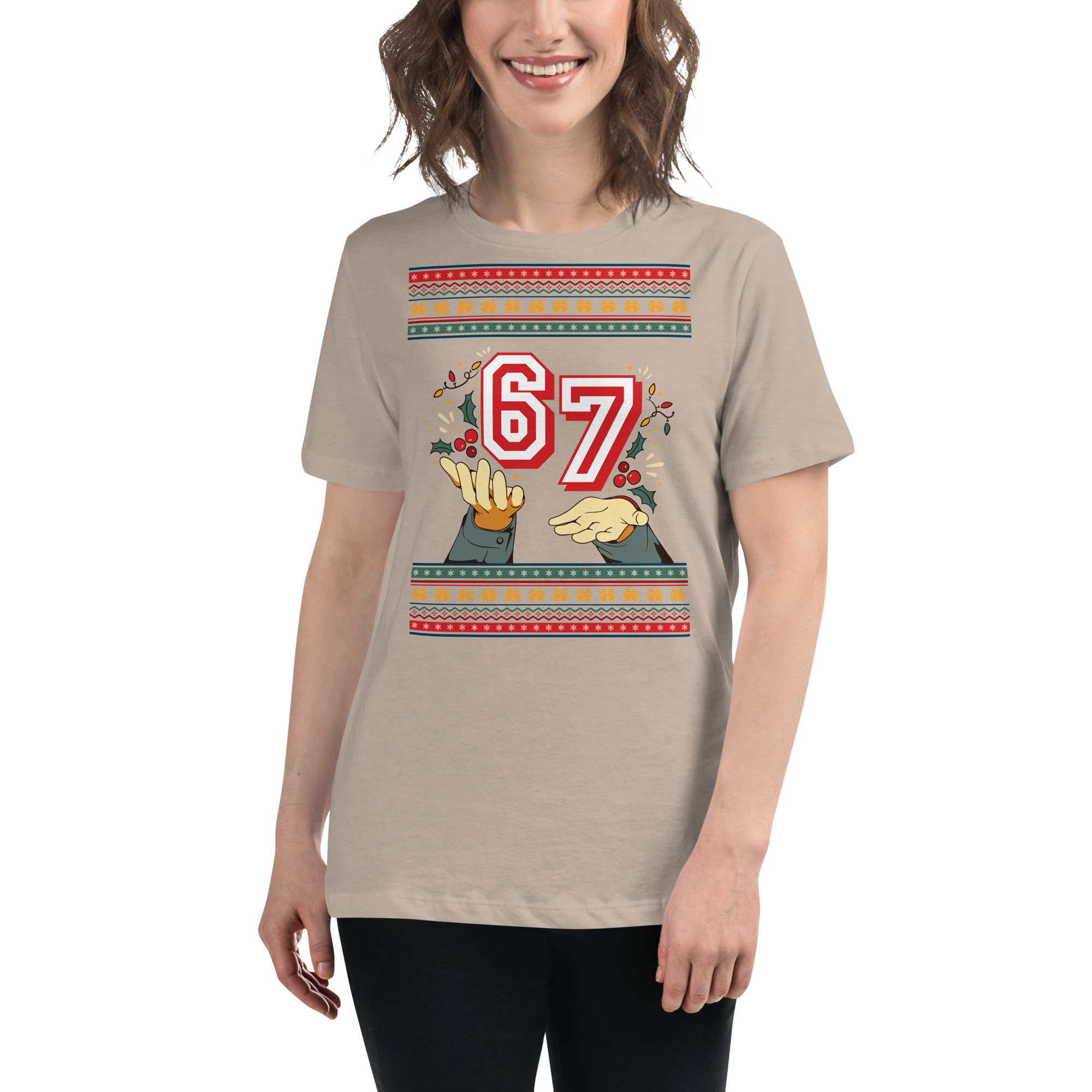 Meet the life of the party: a grinning gal rocking a heather tee, flaunting 67 and jazz hands with flashy borders. Festive much?.