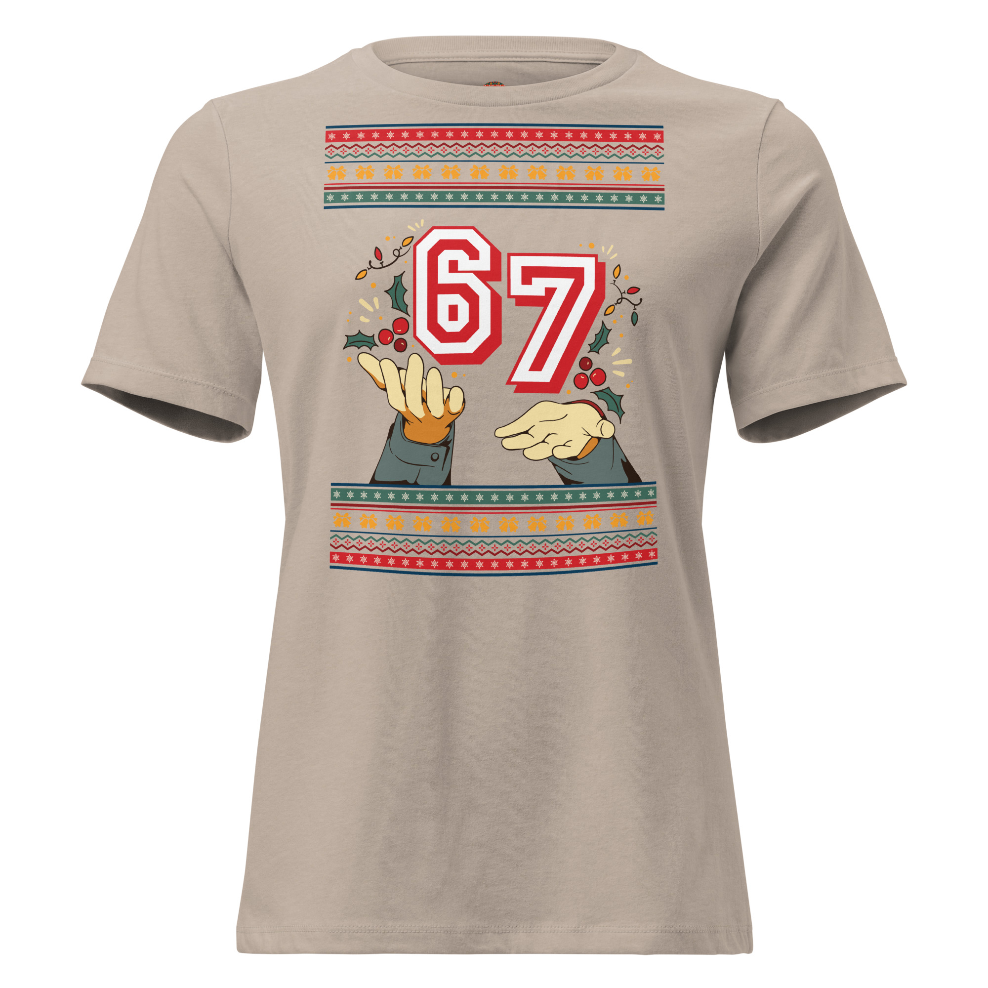 Super festive heather tee with a big, bold "67," holly leaves, berries, pointing hands—so extra, even grandma would blush!.