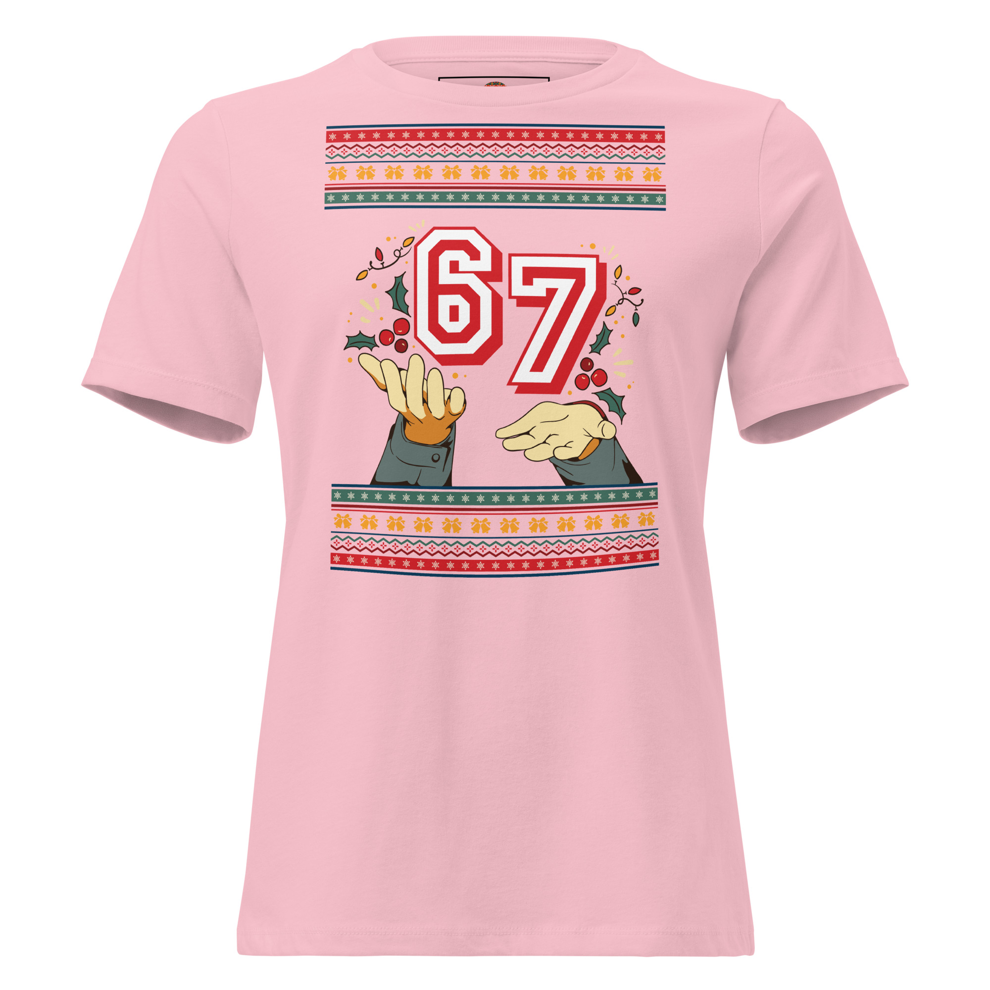 Ridiculously jolly pink tee flaunts a giant "67," holly sprigs, jazz-hands, and patterns that scream “party legend.”.