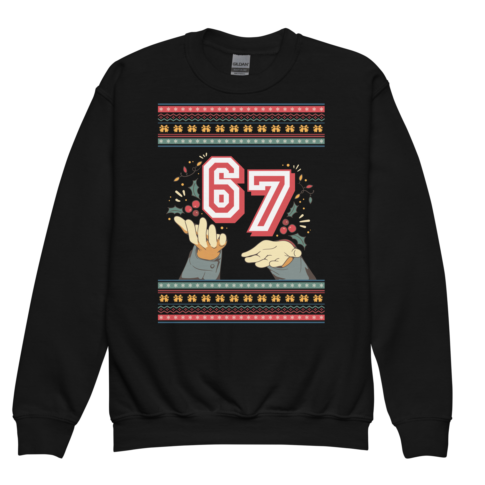 This black youth crew sweatshirt crashes the party with a giant 67, jazz hands below, and wild red, yellow, blue confetti patterns.