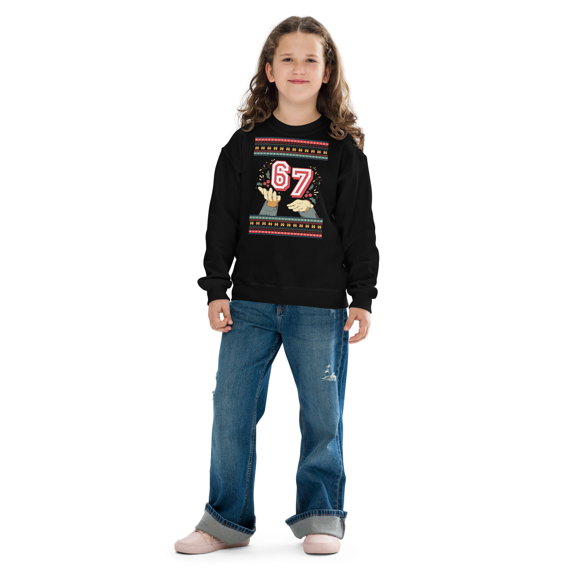 Grinning kid with wild curls rocks a black crew sweatshirt sporting zany “6 7” hands, blue jeans, and sassy pink kicks—iconic chaos!.