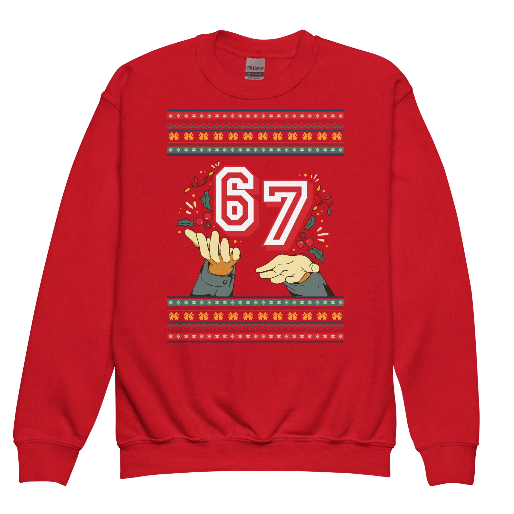 Red kids’ sweatshirt screaming “67” in bold, hands up like it’s a snowball fight—tacky holiday patterns and mischief included.