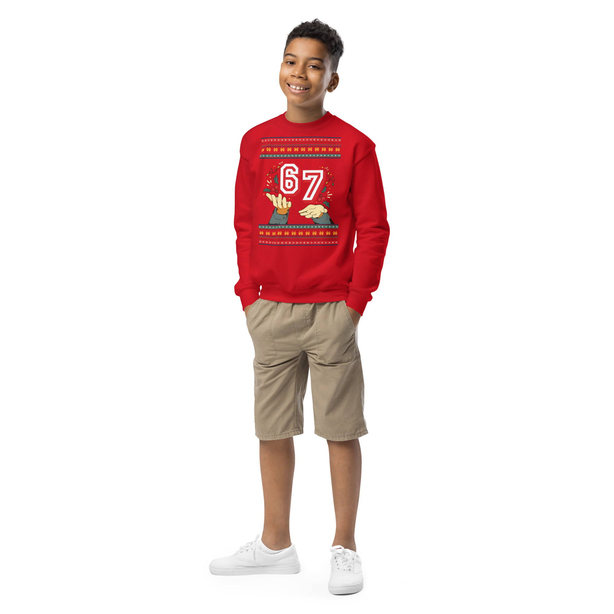 A grinning kid in blinding white kicks rocks a fire-engine red “67” sweatshirt—bold, bright, and party-ready—with beige shorts.