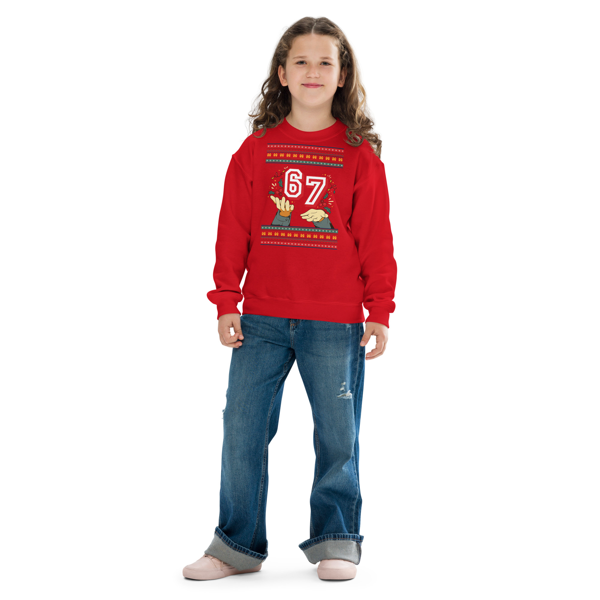 A kid with wild curly hair rocks a red crewneck, blue jeans, and pink kicks—ready to outshine the plain white background.
