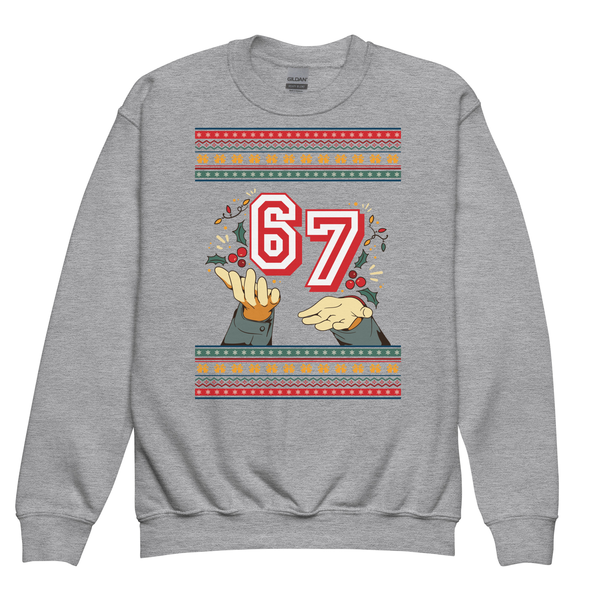 This sport grey youth crewneck shouts “67!” in bold red and white, clutched by cartoon hands—holiday chaos splashed all around.