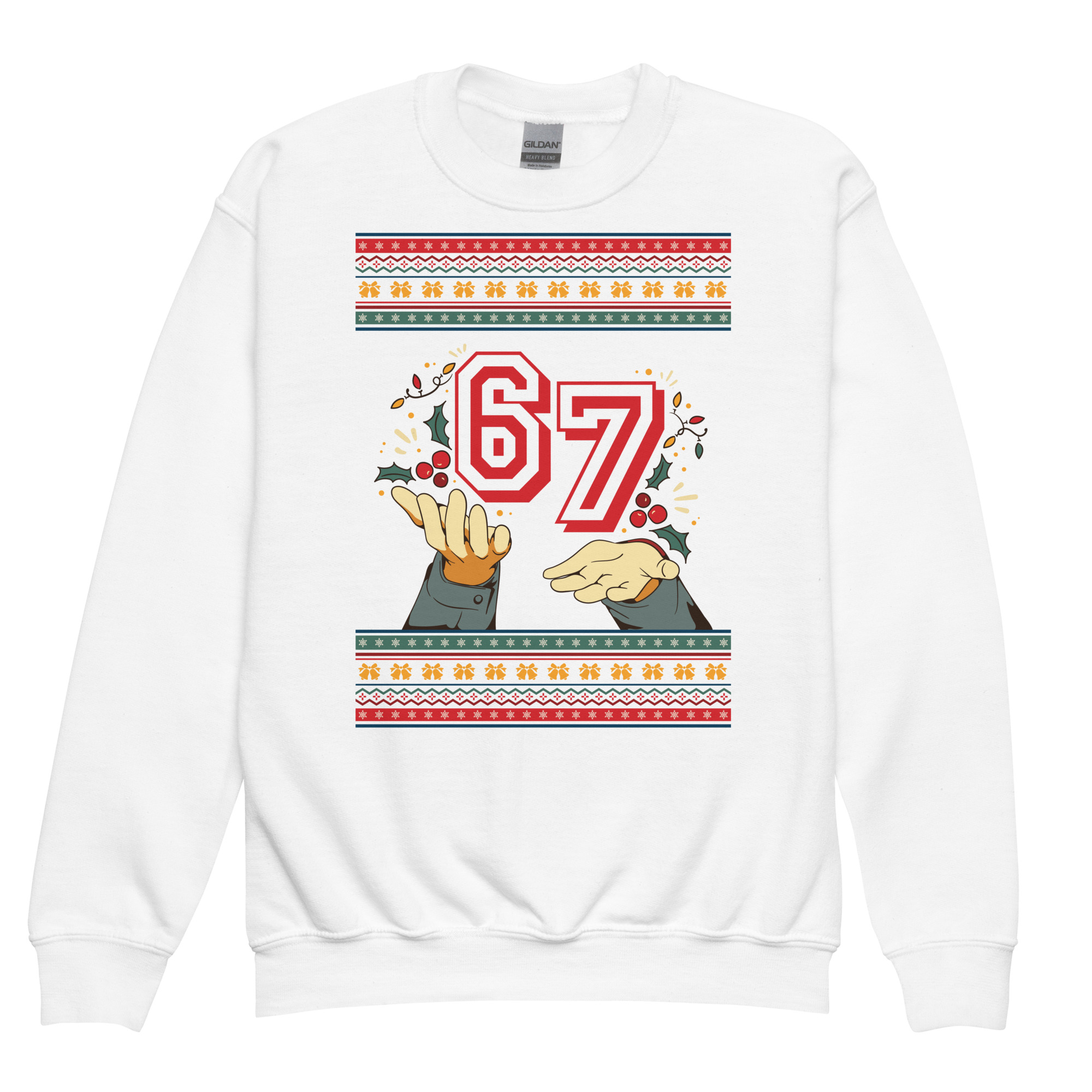 This white youth sweatshirt shouts "party time!" with giant red 6 and 7, jazz-hands, and borders flashier than your Aunt Edna’s tinsel.