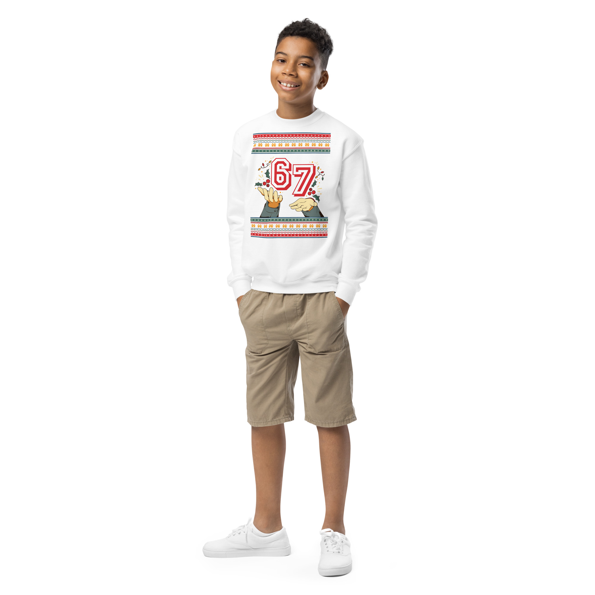 This grinning kid rocks a blindingly white sweatshirt repping a bold red "67"—because numbers are the new ugly sweater chic!.