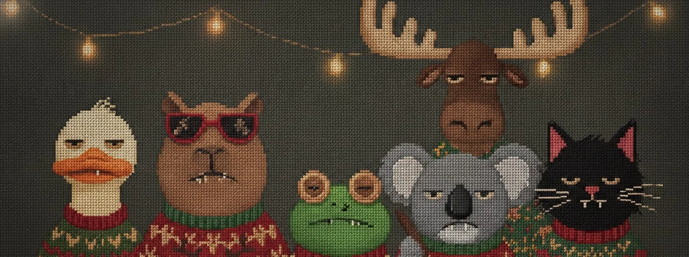 The Festive Folks crew: deadpan duck, capybara in sunglasses, frog, koala, moose and black cat in ugly Christmas sweaters under string lights