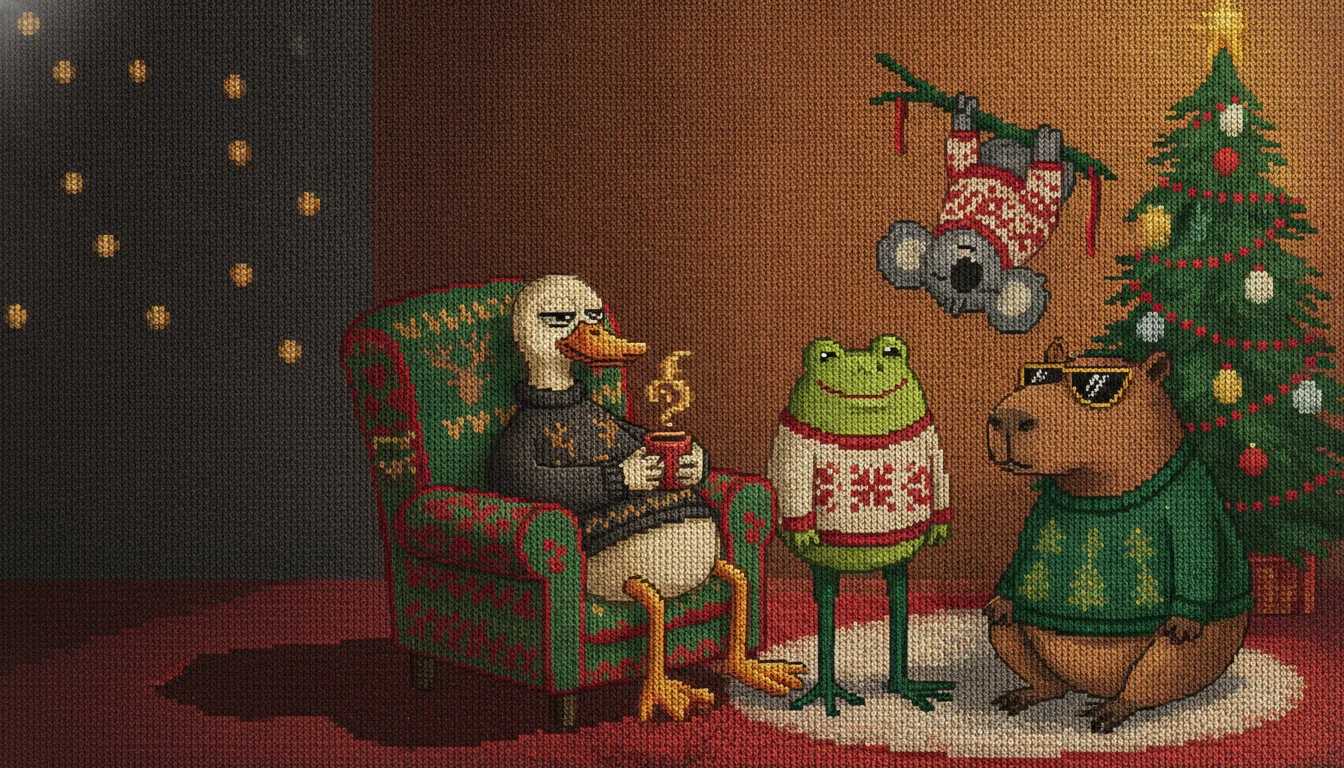 The Festive Folks cast in knitted Christmas sweaters: the capybara, owl, sitting duck, cool cat, bull and deer of the UglySweaters.com character line