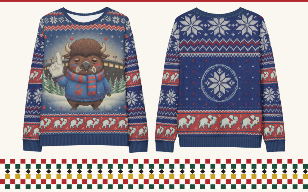 Buffalo Fan all-over print ugly Christmas sweatshirt, front and back