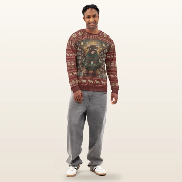 the Bull in a China Shop all-over-print Christmas sweatshirt on a model, front view