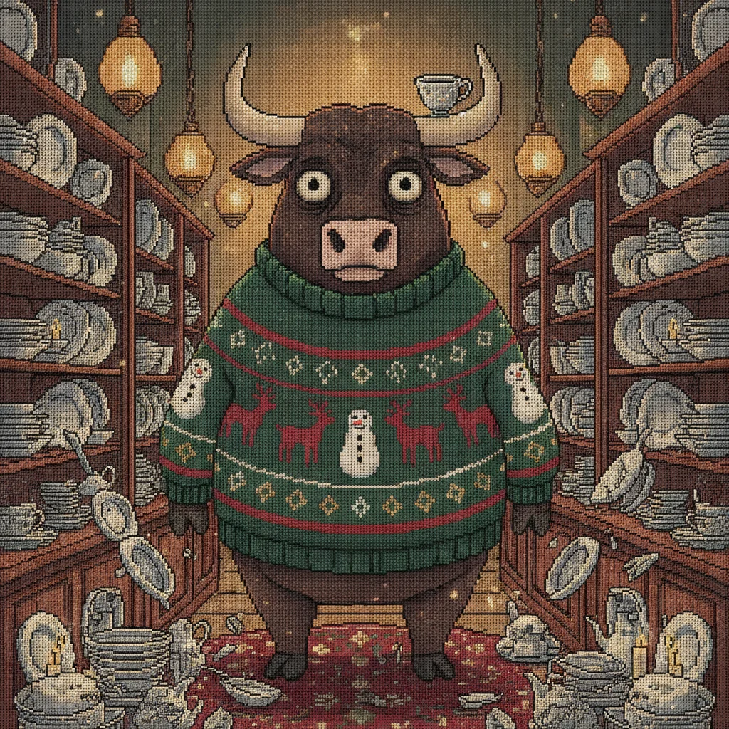 Bull in a China Shop ugly Christmas sweater character art: a wide-eyed bull in a green festive sweater standing very still between shelves of china with a teacup balanced on one horn