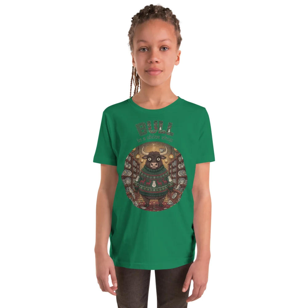 Bull in a China Shop Kids' Ugly Christmas Tee, Green model