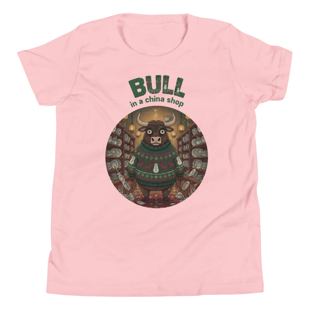 Bull in a China Shop Kids' Ugly Christmas Tee, Light Pink