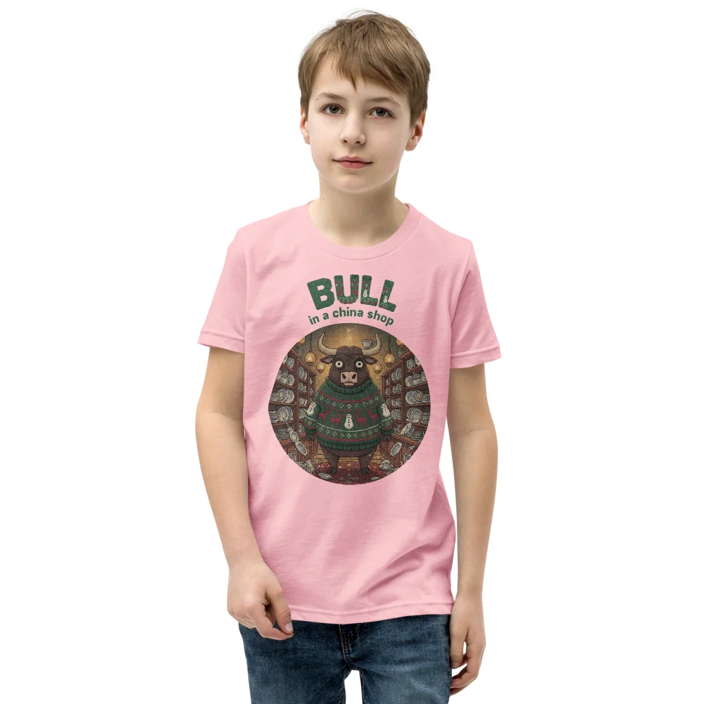 Bull in a China Shop Kids' Ugly Christmas Tee, Light Pink model