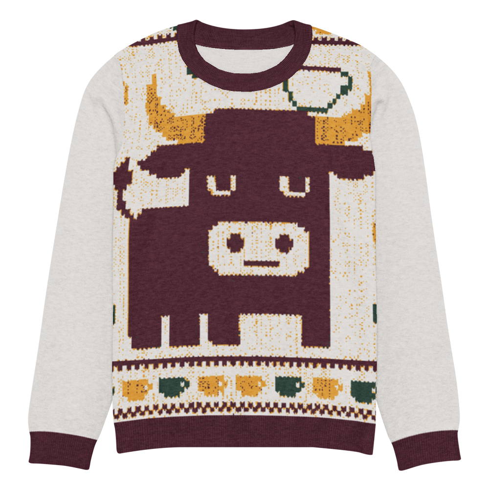 Bull in a China Shop knitted crew sweater mockup in cream and burgundy with a teacup border along the hem