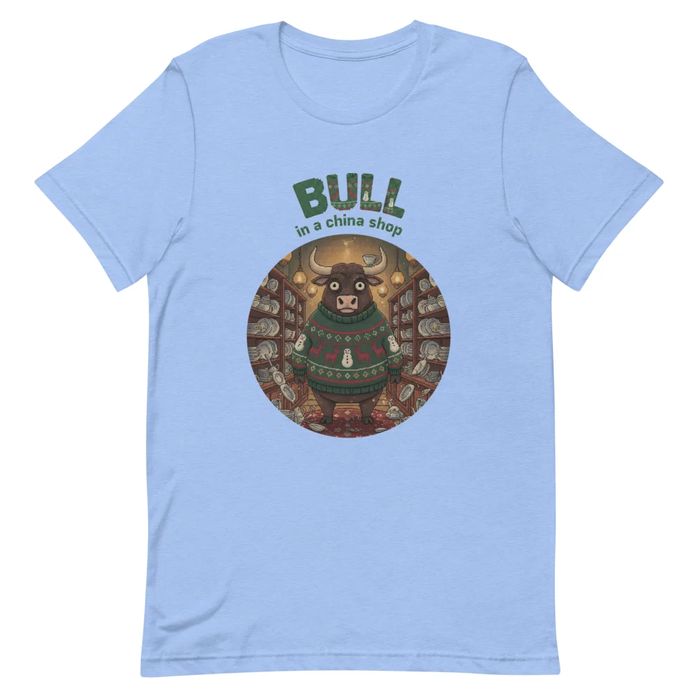 Bull in a China Shop Ugly Christmas Tee, Blue