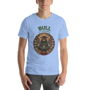 Bull in a China Shop Ugly Christmas Tee — Blue model