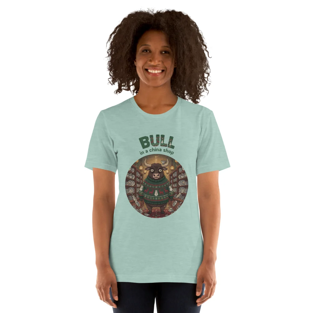 Bull in a China Shop Ugly Christmas Tee, Green model