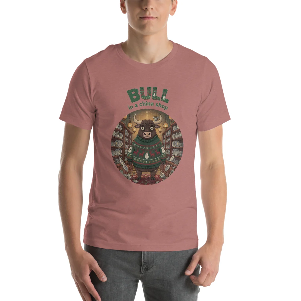 Bull in a China Shop Ugly Christmas Tee, Mauve model
