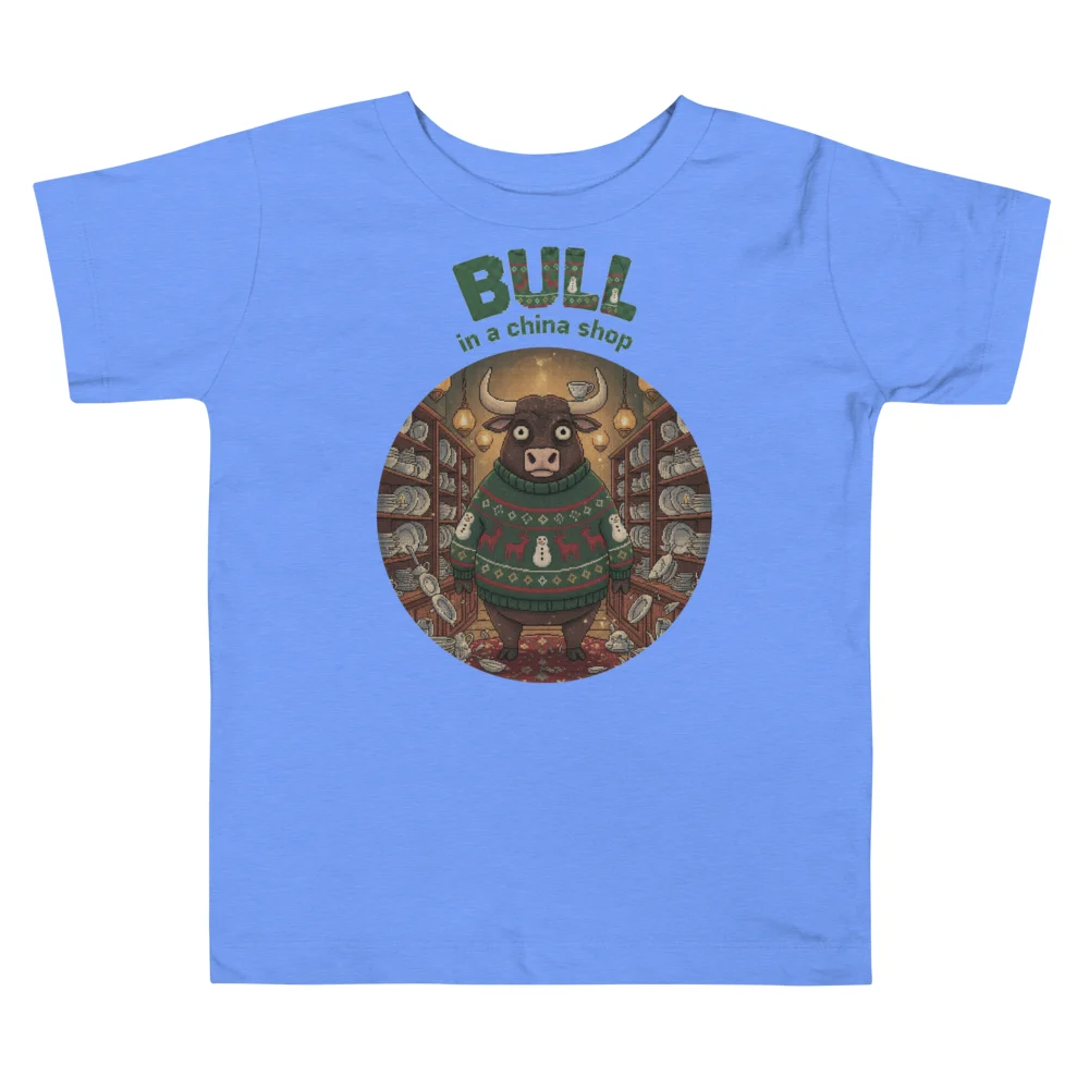 Bull in a China Shop Toddler Ugly Christmas Tee, Blue flat