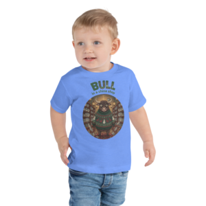 Bull in a China Shop Toddler Ugly Christmas Tee — Blue model