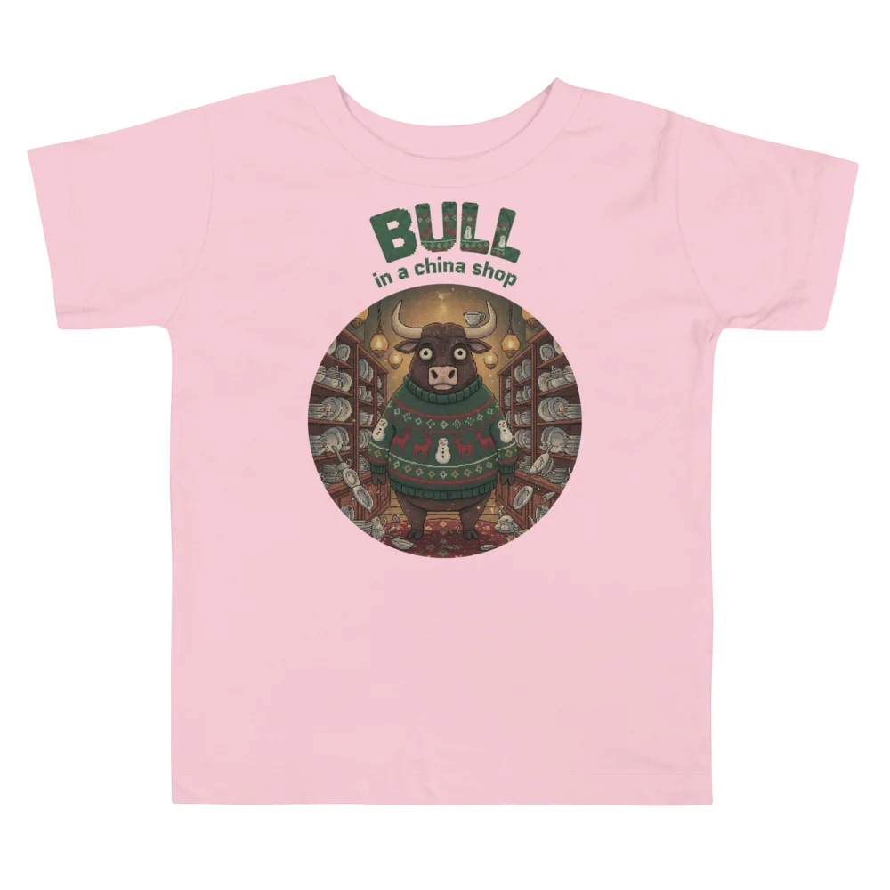 Bull in a China Shop Toddler Ugly Christmas Tee, Light Pink flat
