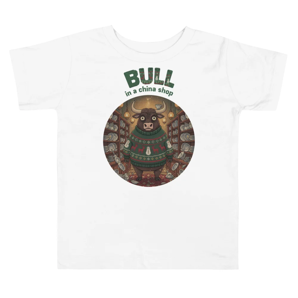 Bull in a China Shop Toddler Ugly Christmas Tee, Pure White flat
