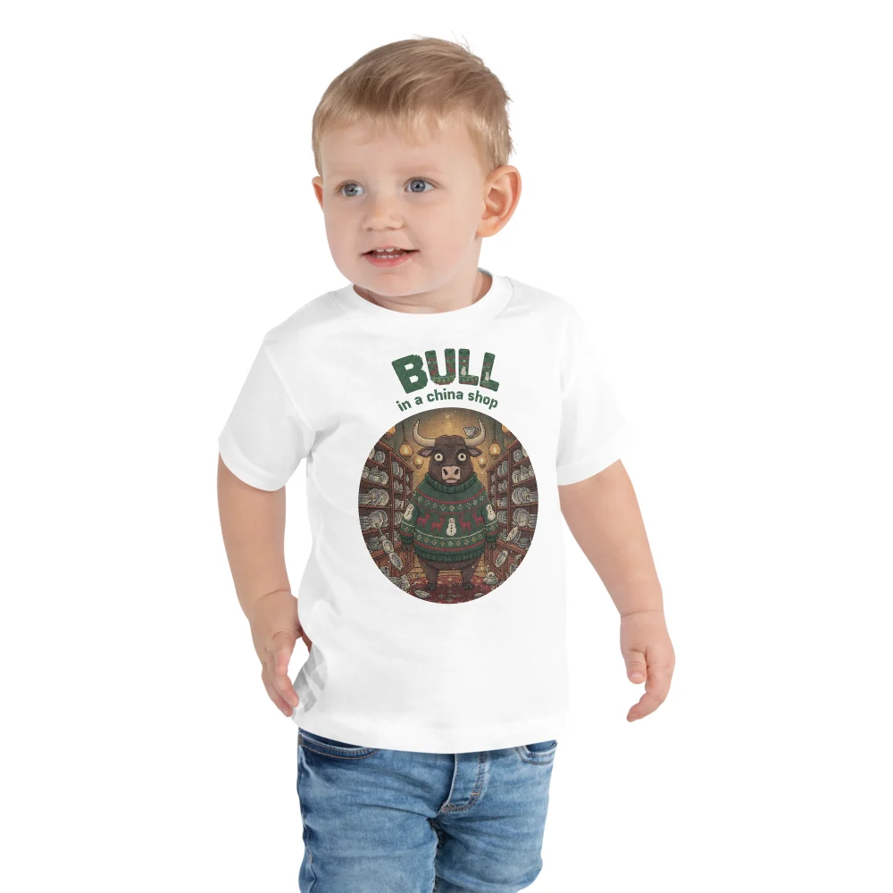 Bull in a China Shop Toddler Ugly Christmas Tee, Pure White model