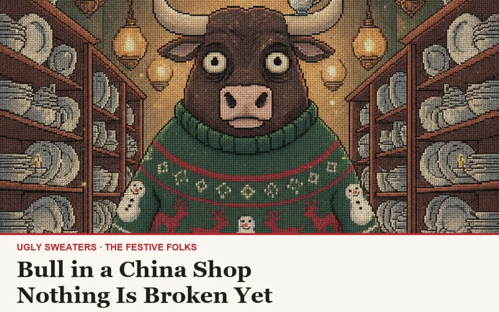 Bull in a China Shop ugly Christmas sweater article cover: a wide-eyed bull in a festive sweater surrounded by china shelves