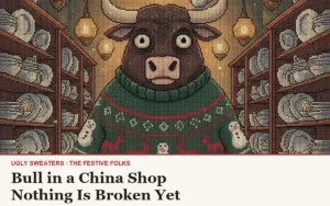 Bull in a China Shop ugly Christmas sweater article cover: a wide-eyed bull in a festive sweater surrounded by china shelves
