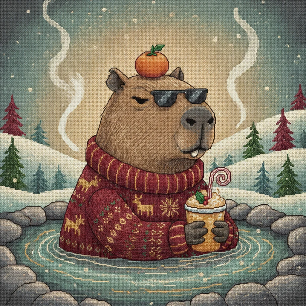 The Chief Festivity Officer, a capybara in a red knit sweater, remaining calm