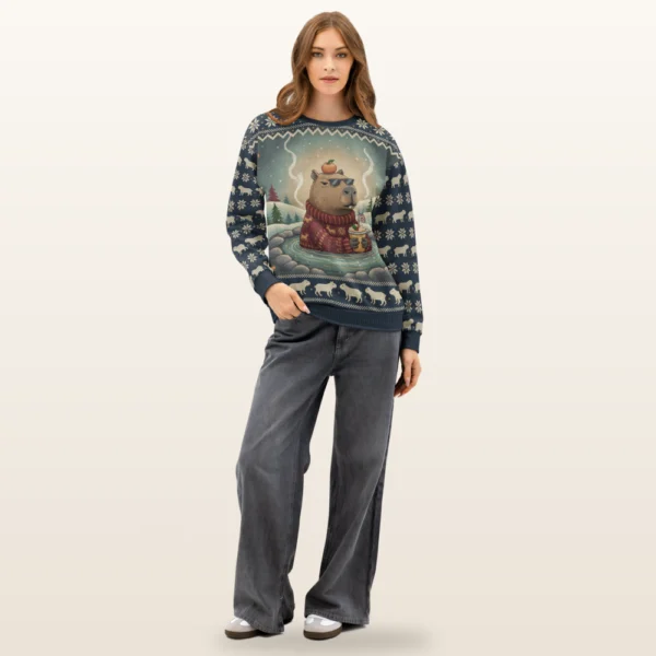 the Chill Capybara all-over-print Christmas sweatshirt on a model, front view