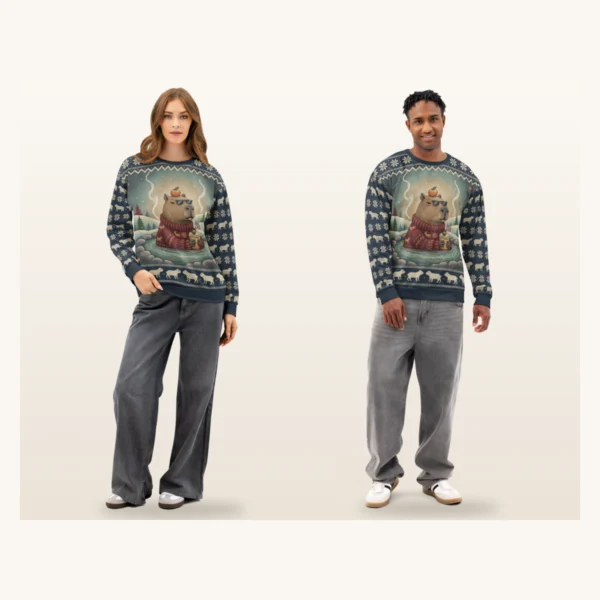 the Chill Capybara couples sweatshirt set on two models