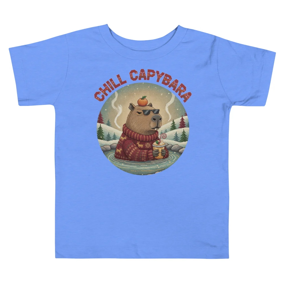 Chill Capybara Toddler Ugly Christmas Tee, Blue flat