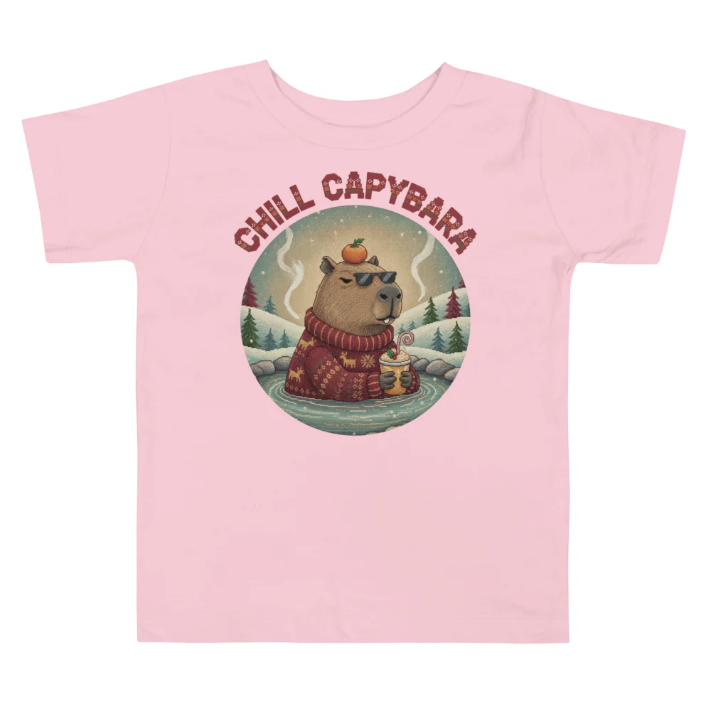 Chill Capybara Toddler Ugly Christmas Tee, Light Pink flat