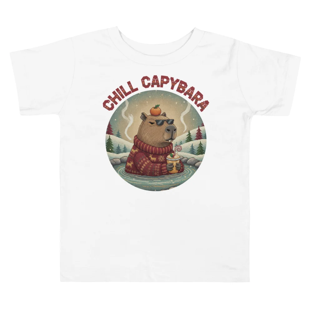 Chill Capybara Toddler Ugly Christmas Tee, Pure White flat