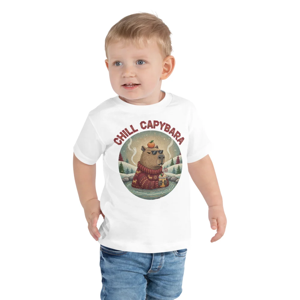 Chill Capybara Toddler Ugly Christmas Tee, Pure White model