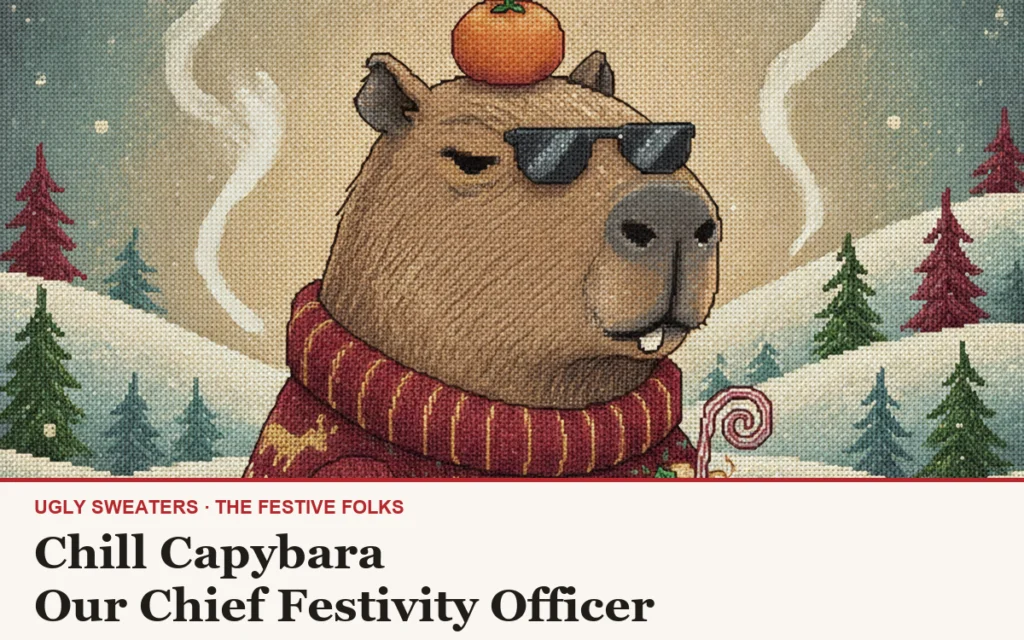 Chill Capybara ugly Christmas sweater article cover: a capybara in sunglasses with a tangerine on his head in a snowy hot spring