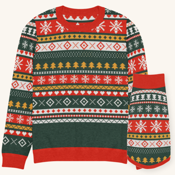 Christmas Sampler matching set: banded fair-isle sweater beside the matching dog sweater