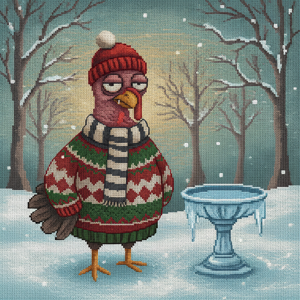 Cold Turkey ugly Christmas sweater design: a turkey in a striped scarf and zigzag knit standing in a bare winter wood beside a tub of ice water