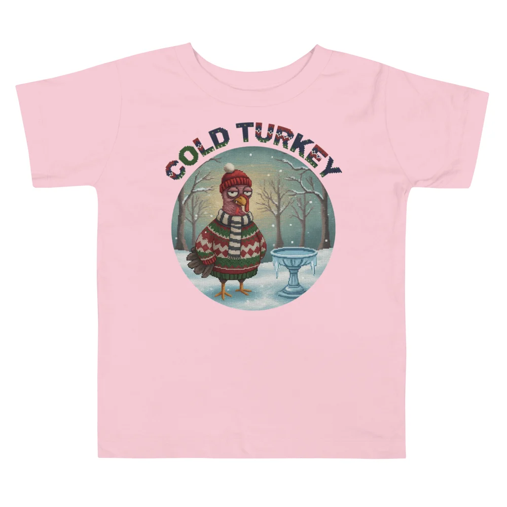 Cold Turkey Toddler Ugly Christmas Tee, Light Pink flat