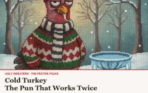 Cold Turkey ugly Christmas sweater article cover with the shivering turkey character art