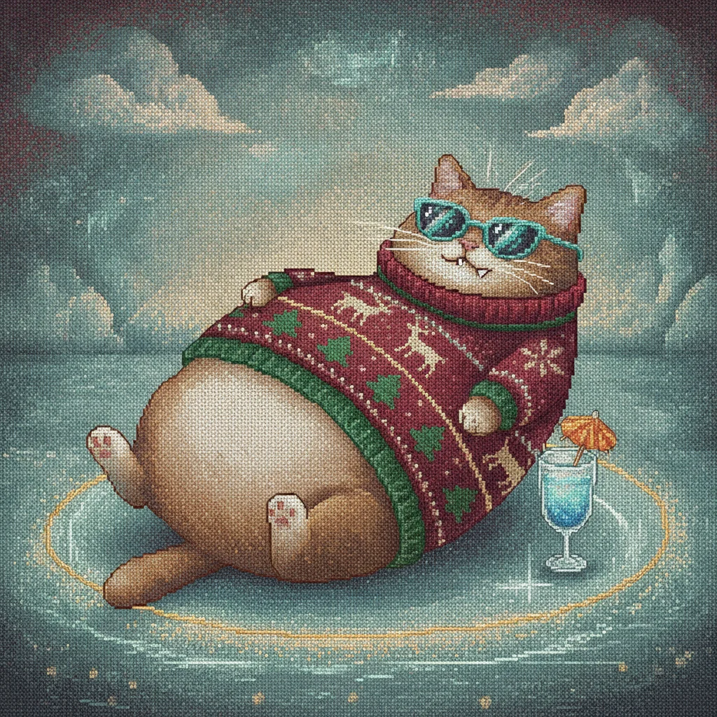 Cool Cat ugly Christmas sweater character art: a fat cat in teal sunglasses and a red festive sweater lying on his back on a frozen pond next to a blue cocktail with a tiny umbrella