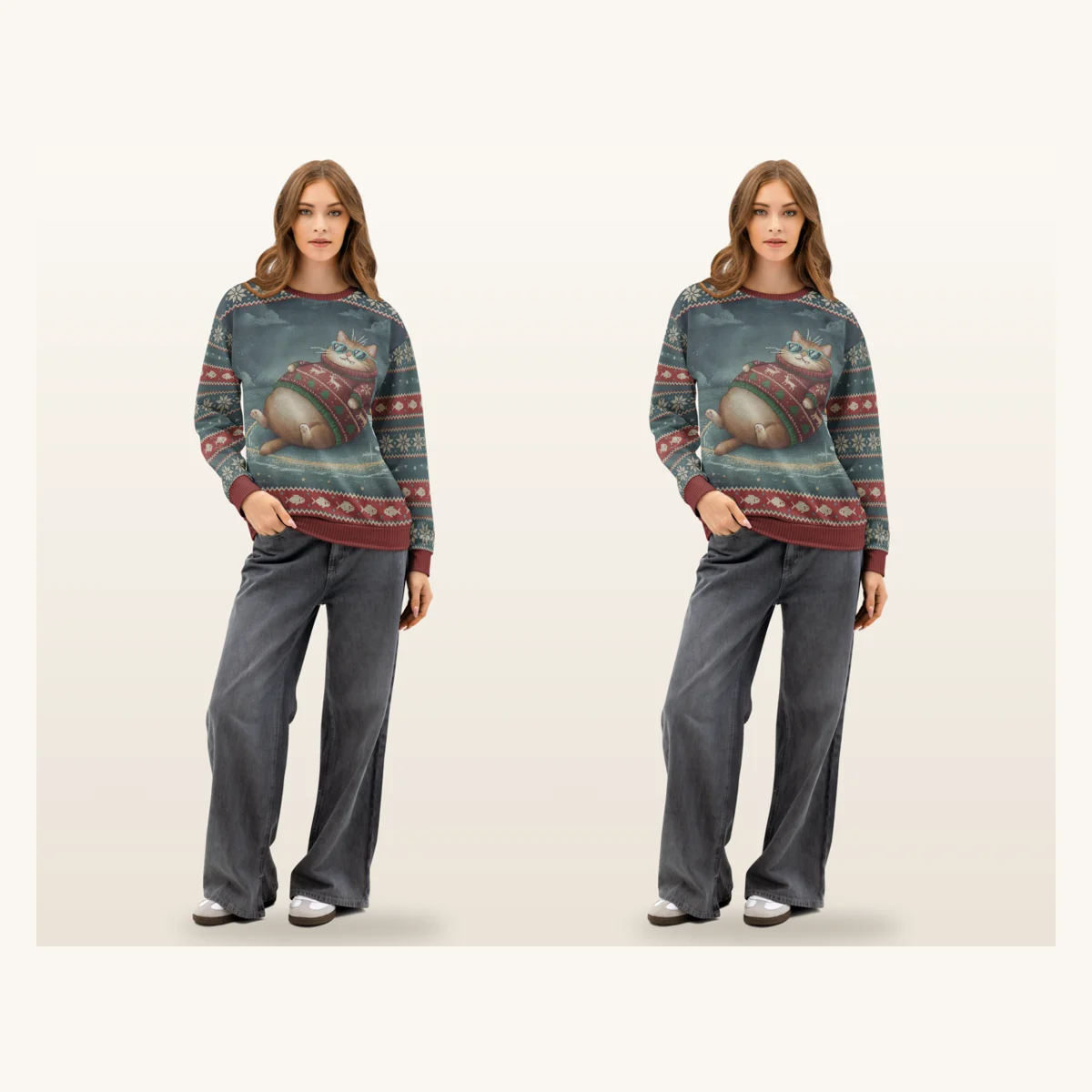 Cool Cat Matching Ugly Christmas Sweaters for Couples | Two Sweatshirts